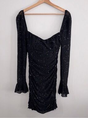 NWT Black Sparkle Ruched Mini Dress with Long Sleeves